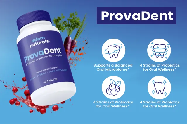 ProvaDent is a natural oral health supplement with probiotics and plant-based ingredients, designed to freshen breath, balance oral bacteria, and promote healthier gums for a confident, radiant smile
