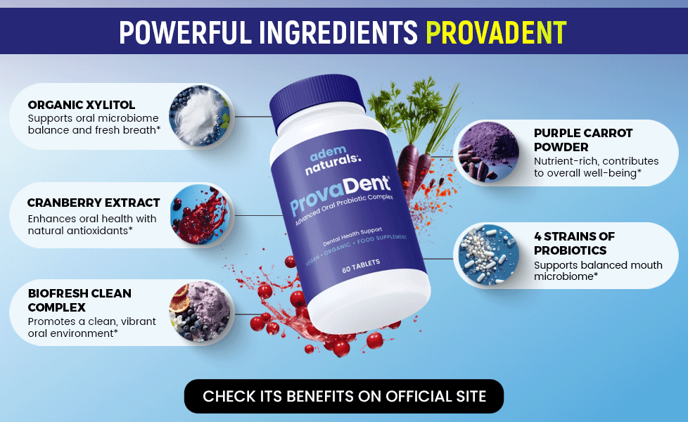 ProvaDent is a natural oral health supplement with probiotics and plant-based ingredients, designed to freshen breath, balance oral bacteria, and promote healthier gums for a confident, radiant smile