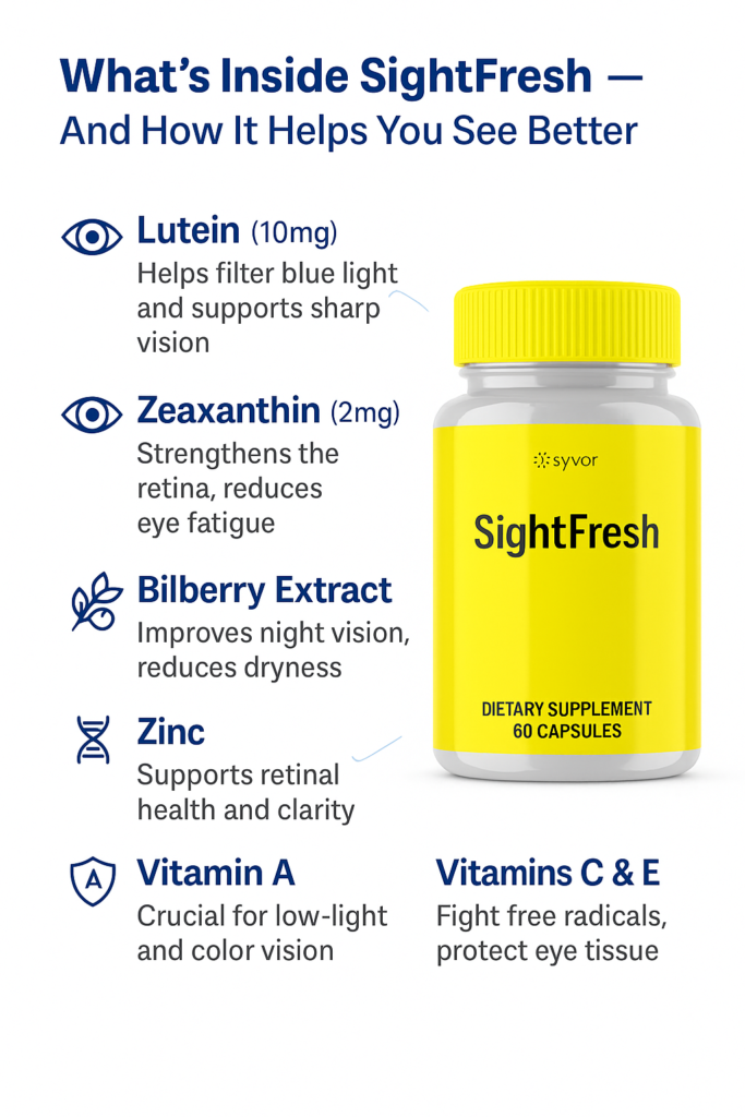 SightFresh is a natural formula developed to help support eye health and protect vision as you age.